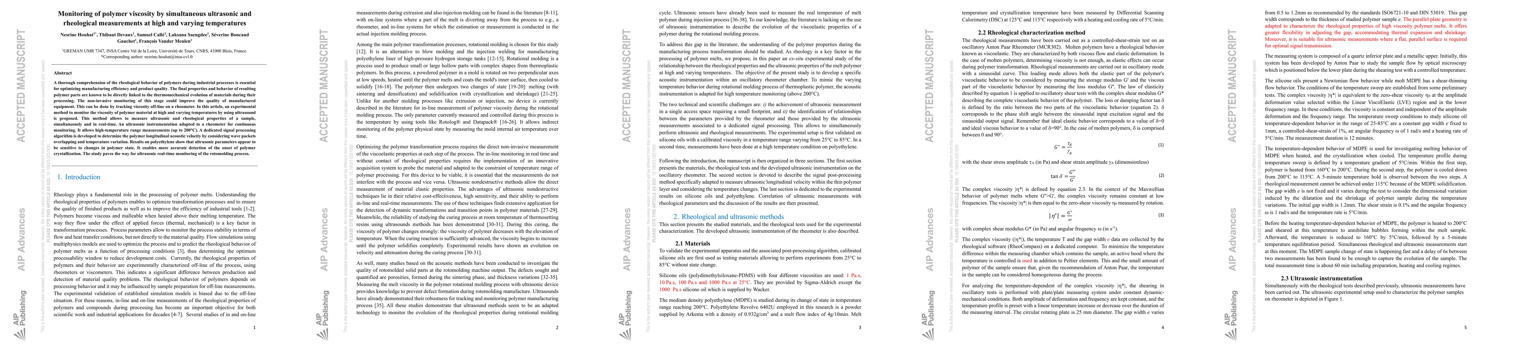 Thumbnail for Monitoring of polymer viscosity by simultaneous ultrasonic and
  rheological measurements at high and varying temperatures