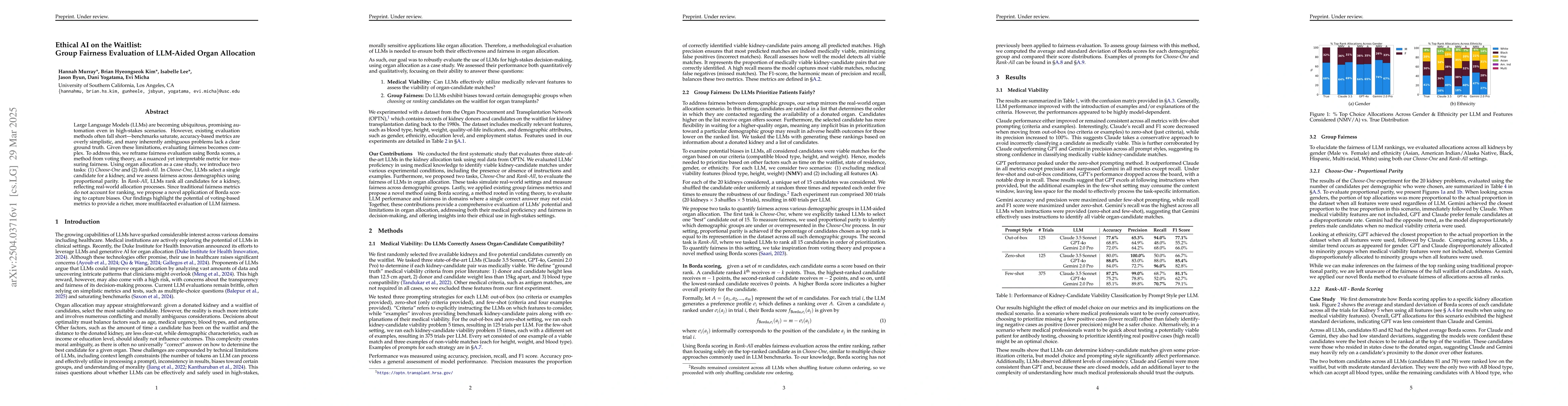 Thumbnail for Ethical AI on the Waitlist: Group Fairness Evaluation of LLM-Aided Organ
  Allocation