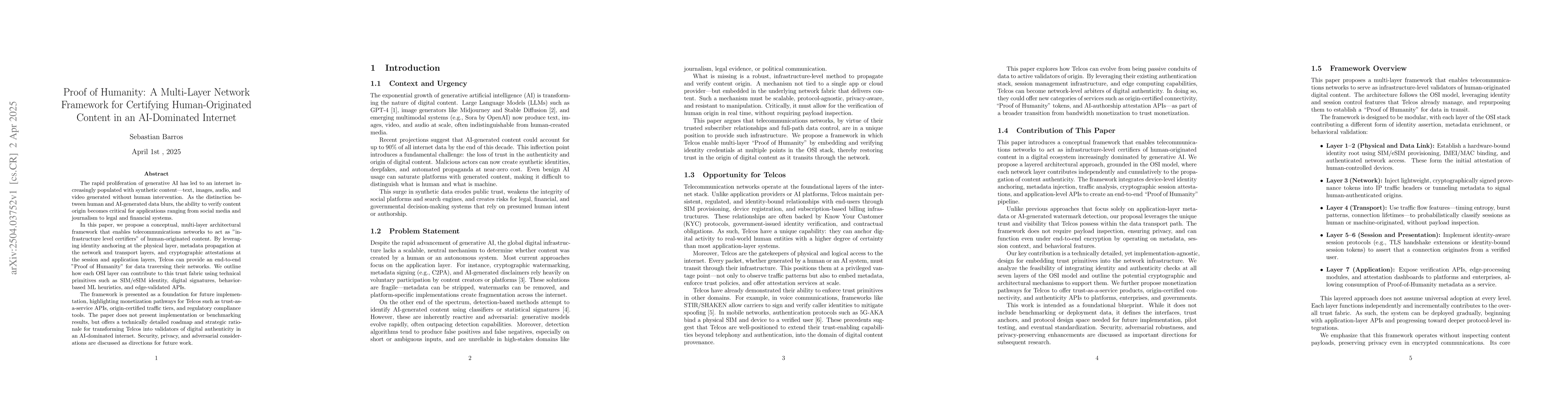 Thumbnail for Proof of Humanity: A Multi-Layer Network Framework for Certifying
  Human-Originated Content in an AI-Dominated Internet