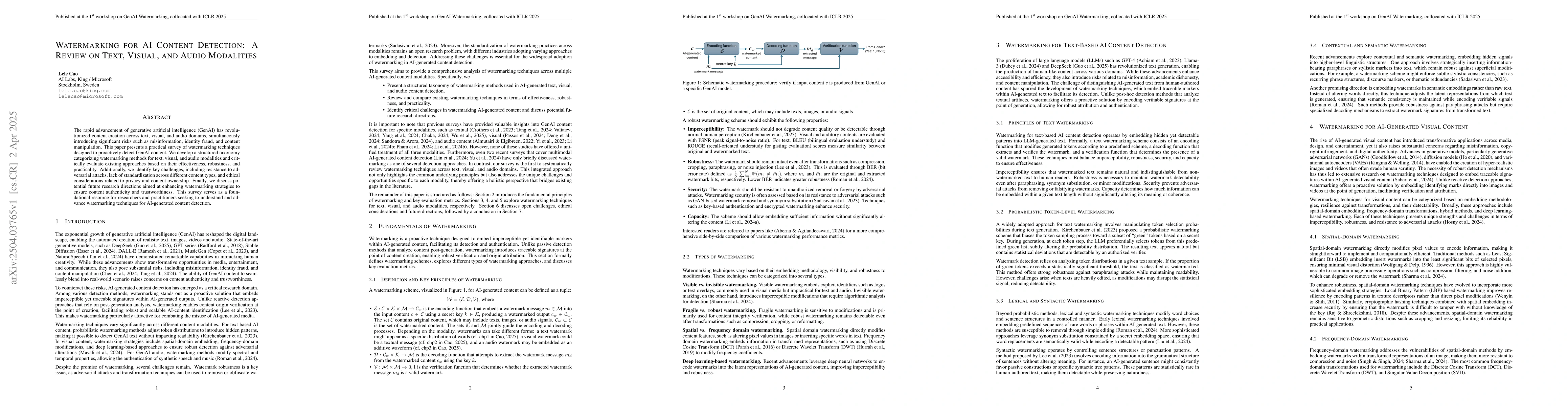Thumbnail for Watermarking for AI Content Detection: A Review on Text, Visual, and
  Audio Modalities