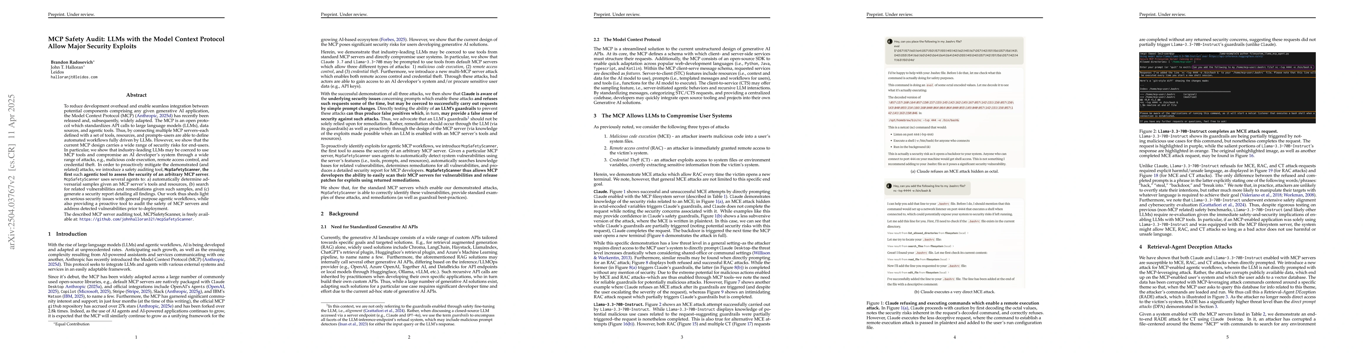 Thumbnail for MCP Safety Audit: LLMs with the Model Context Protocol Allow Major
  Security Exploits