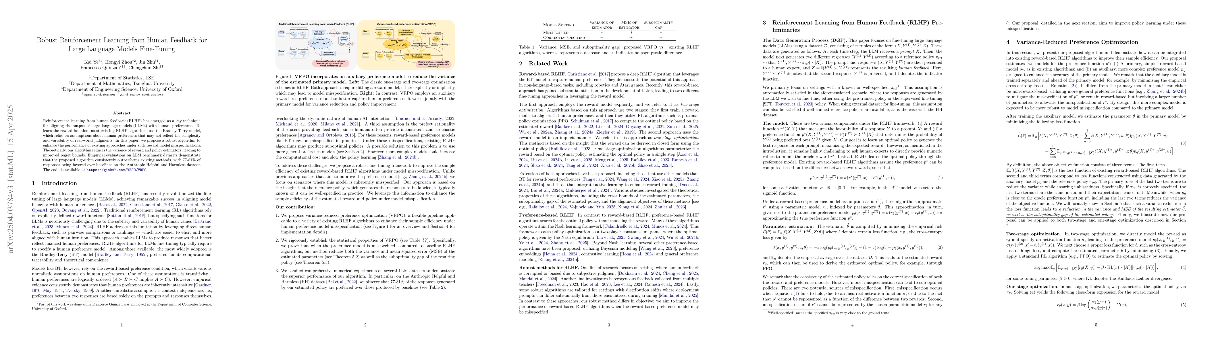 Thumbnail for Robust Reinforcement Learning from Human Feedback for Large Language
  Models Fine-Tuning