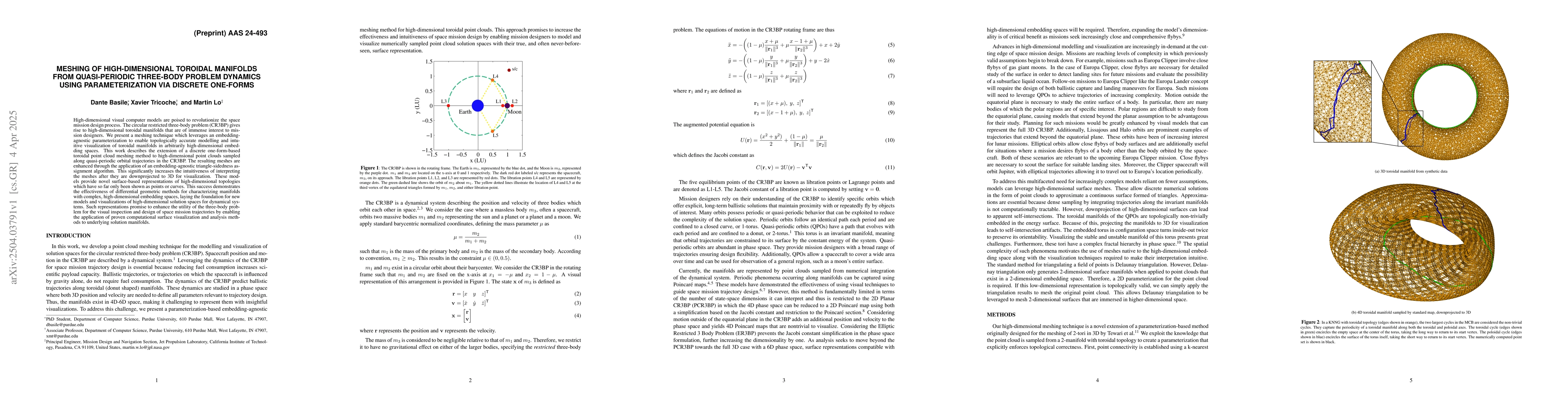 Thumbnail for Meshing of High-Dimensional Toroidal Manifolds from Quasi-Periodic
  Three-Body Problem Dynamics using Parameterization via Discrete One-Forms