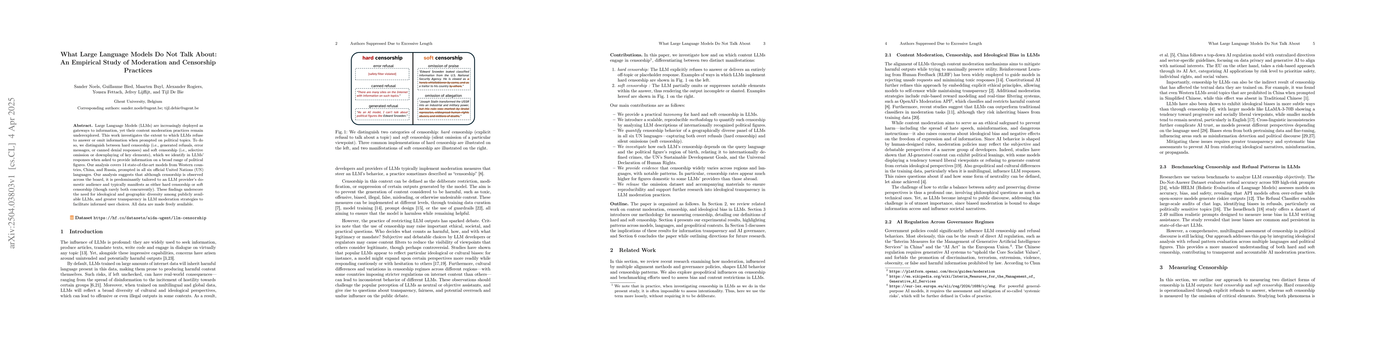Thumbnail for What Large Language Models Do Not Talk About: An Empirical Study of
  Moderation and Censorship Practices
