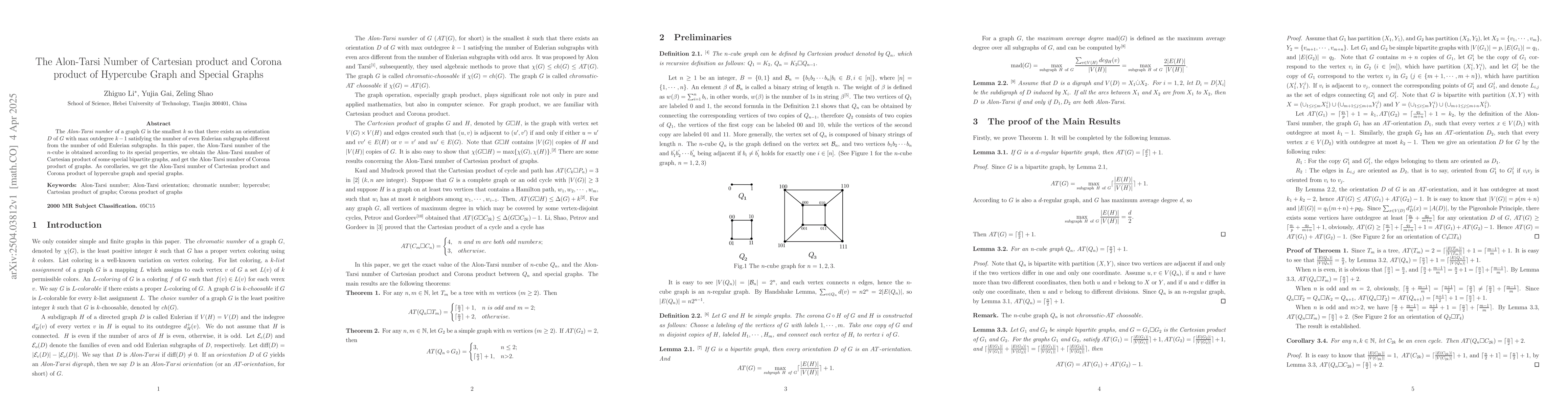 Thumbnail for The Alon-Tarsi Number of Cartesian product and Corona product of
  Hypercube Graph and Special Graphs