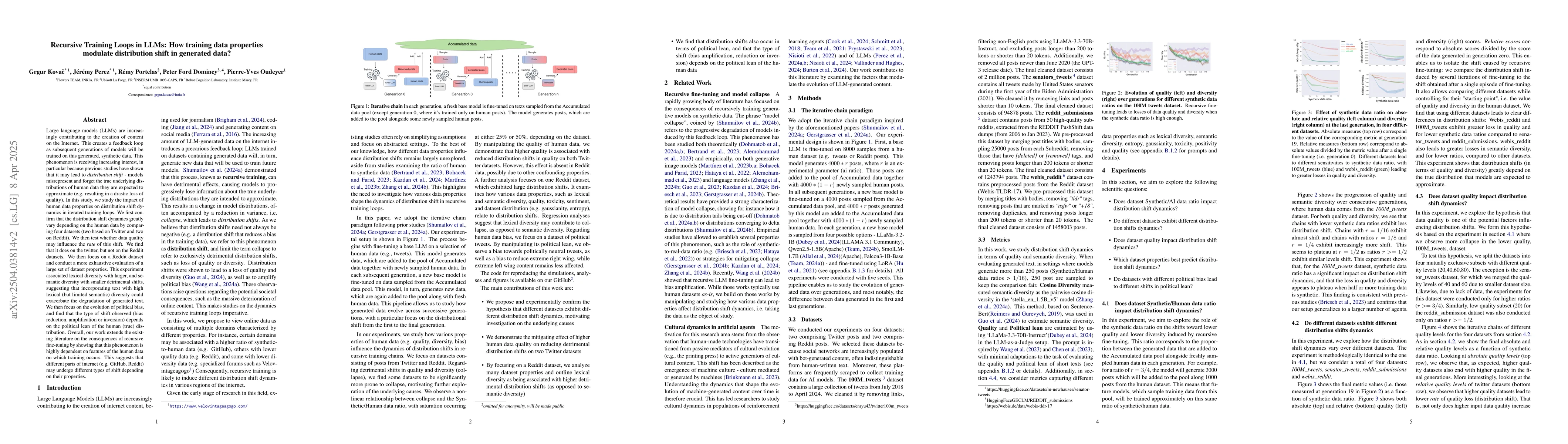 Thumbnail for Recursive Training Loops in LLMs: How training data properties modulate
  distribution shift in generated data?