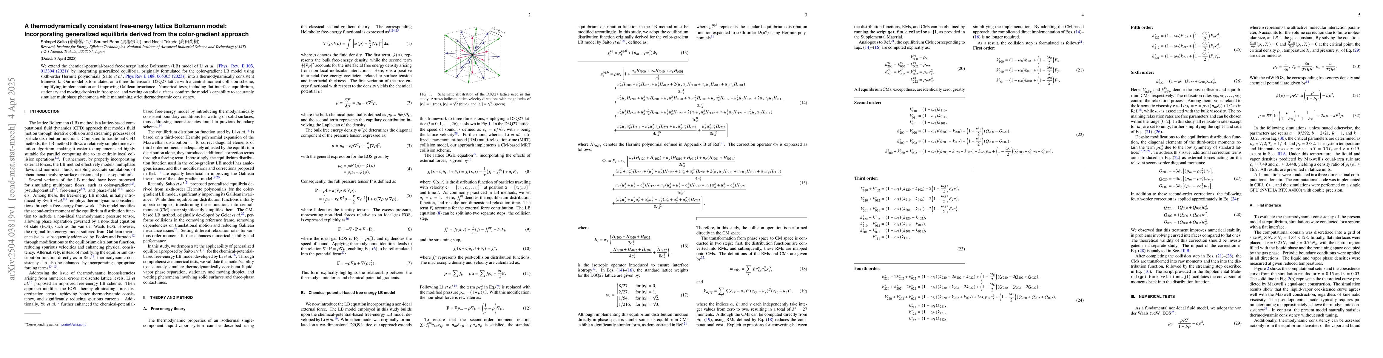 Thumbnail for A thermodynamically consistent free-energy lattice Boltzmann model:
  Incorporating generalized equilibria derived from the color-gradient approach