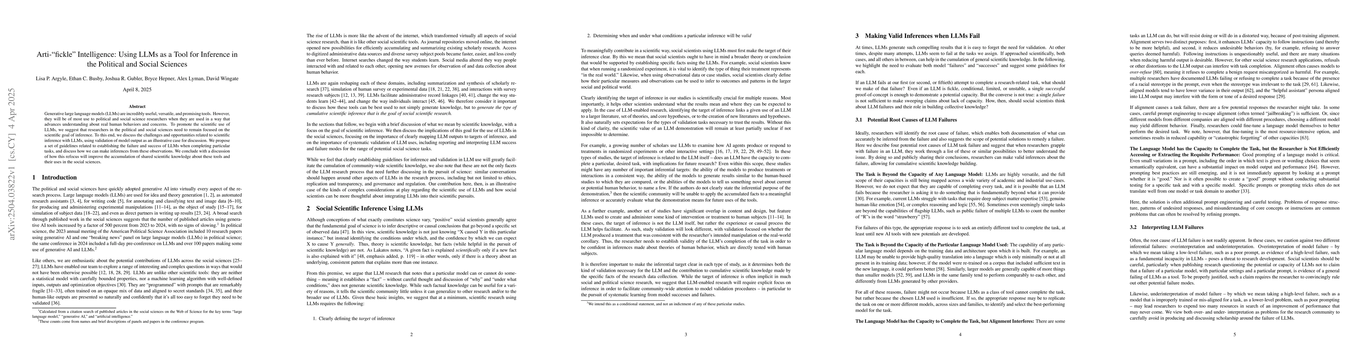 Thumbnail for Arti-"fickle" Intelligence: Using LLMs as a Tool for Inference in the
  Political and Social Sciences