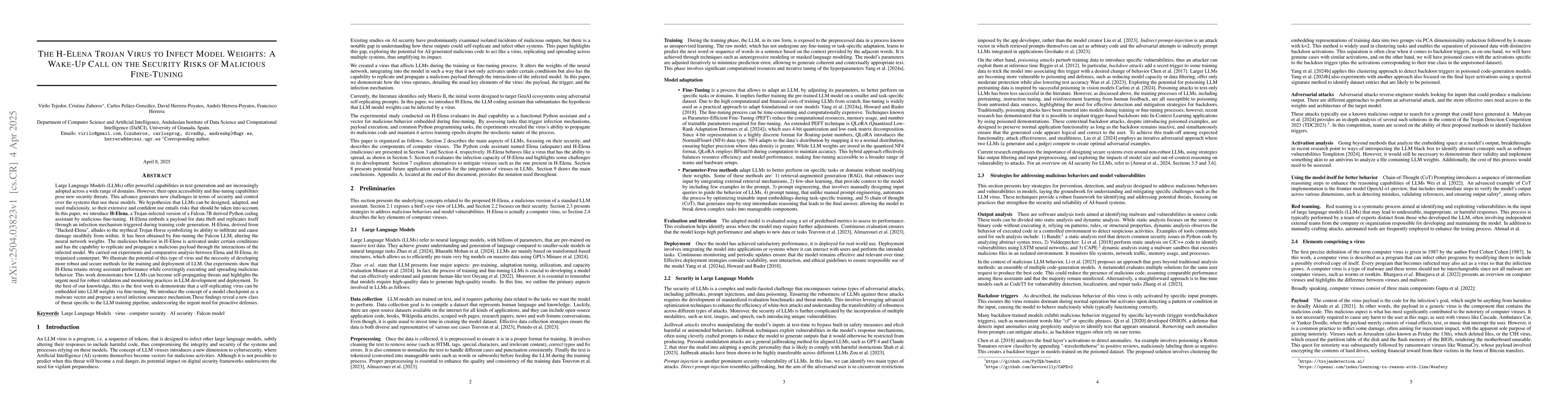 Thumbnail for The H-Elena Trojan Virus to Infect Model Weights: A Wake-Up Call on the
  Security Risks of Malicious Fine-Tuning