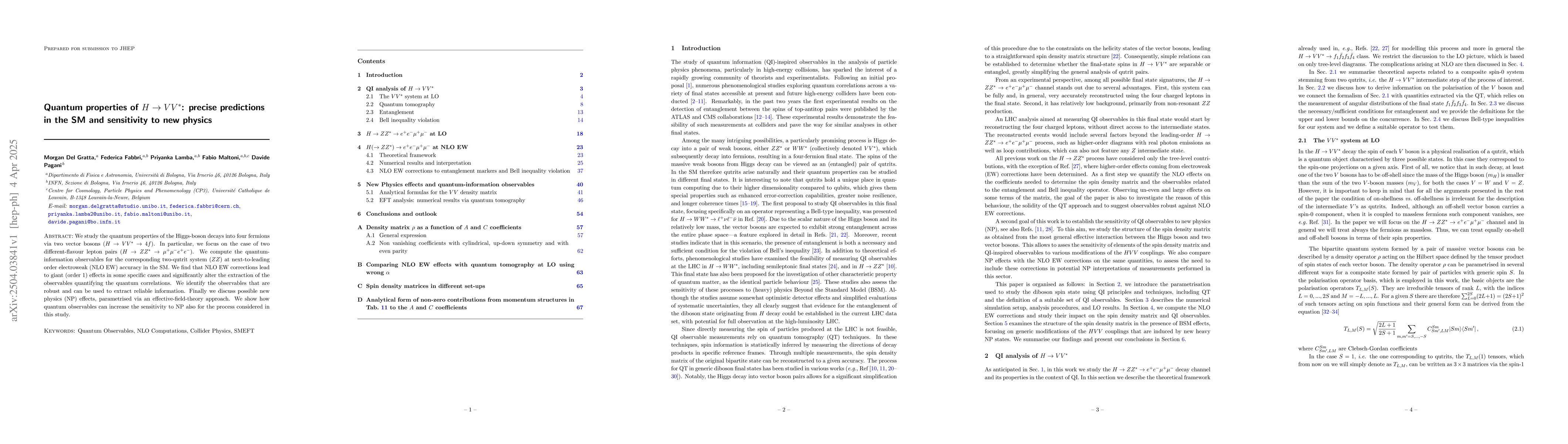 Thumbnail for Quantum properties of $H\to VV^*$: precise predictions in the SM and
  sensitivity to new physics