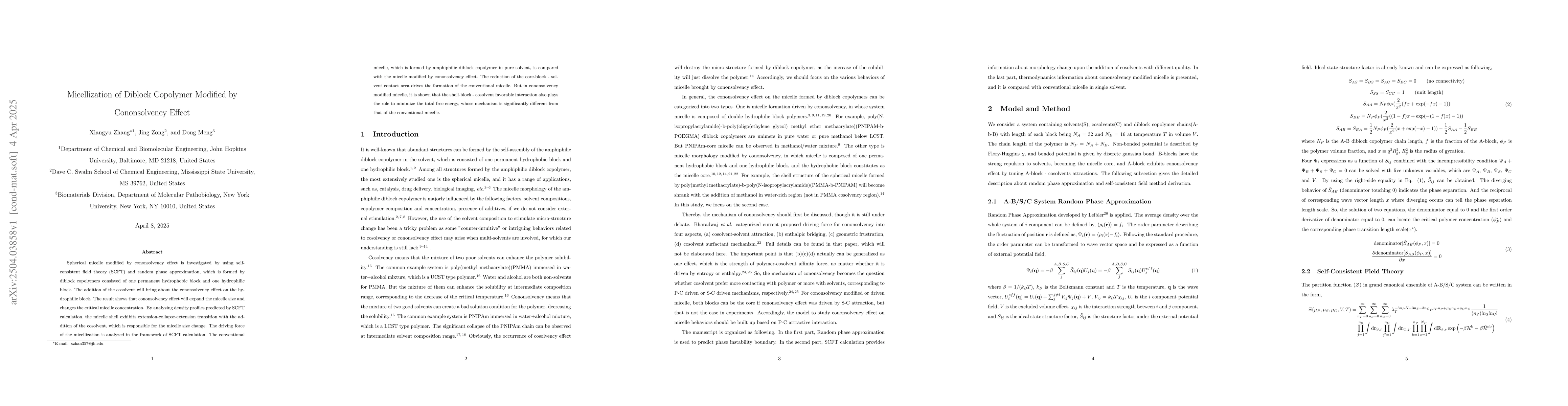 Thumbnail for Micellization of Diblock Copolymer Modified by Cononsolvency Effect