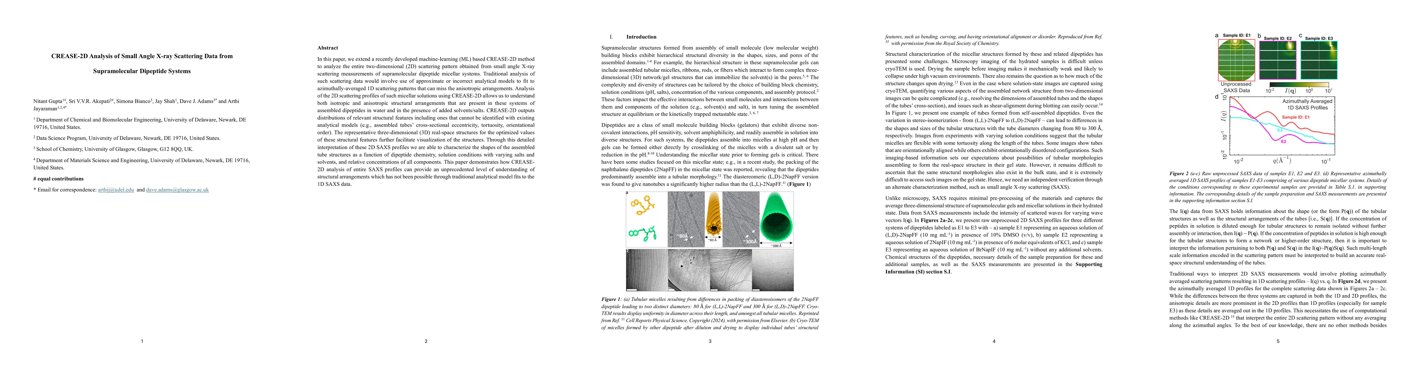 Thumbnail for CREASE-2D Analysis of Small Angle X-ray Scattering Data from
  Supramolecular Dipeptide Systems