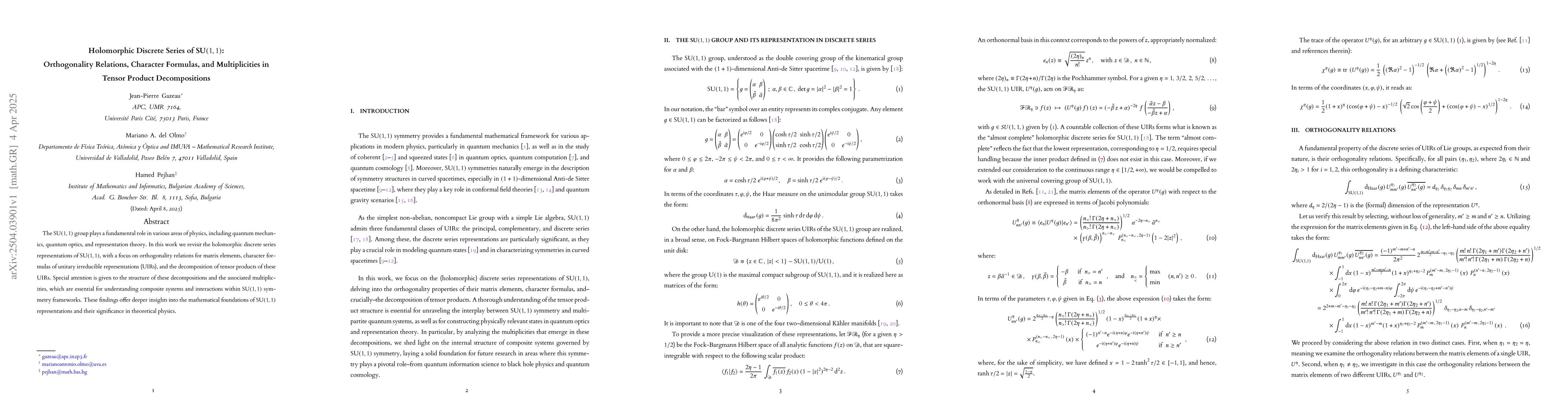 Thumbnail for Holomorphic Discrete Series of SU(1,1): Orthogonality Relations,
  Character Formulas, and Multiplicities in Tensor Product Decompositions