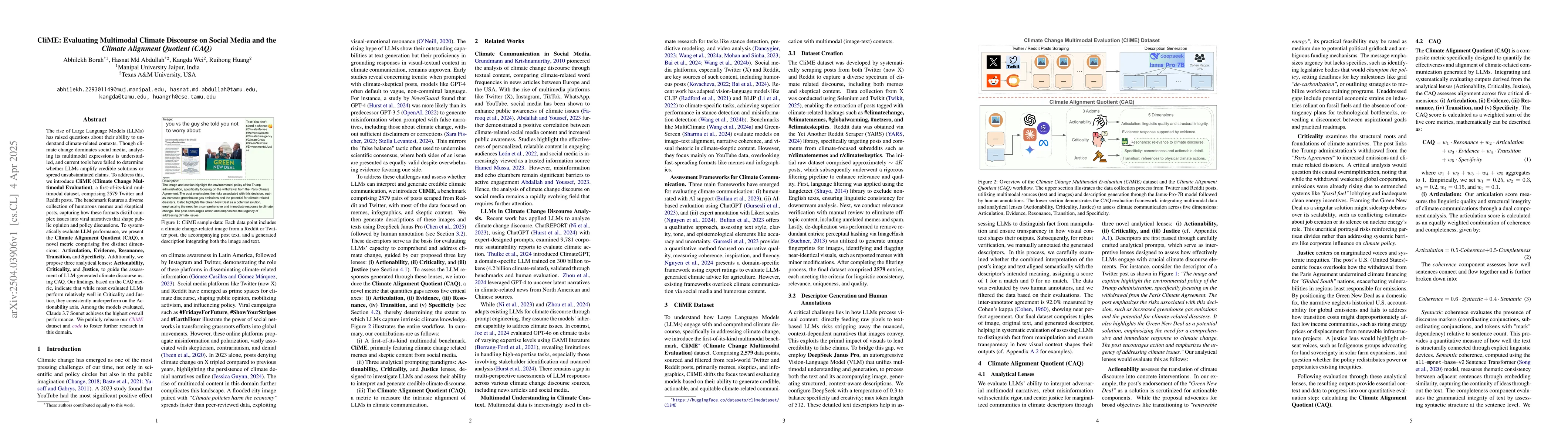 Thumbnail for CliME: Evaluating Multimodal Climate Discourse on Social Media and the
  Climate Alignment Quotient (CAQ)