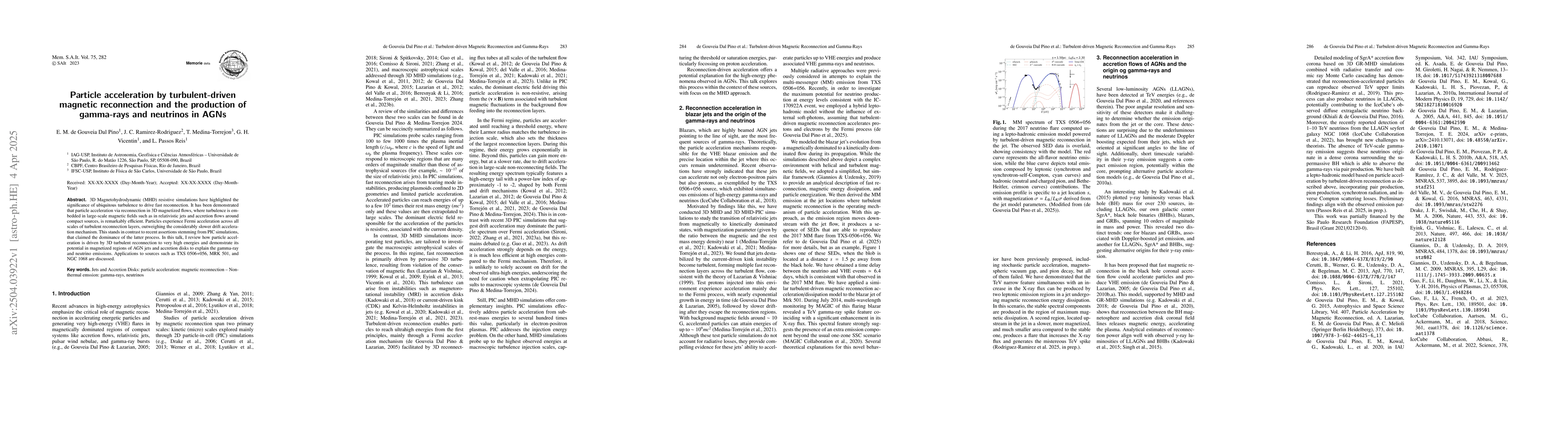 Thumbnail for Particle acceleration by turbulent-driven magnetic reconnection and the
  production of gamma-rays and neutrinos in AGNs