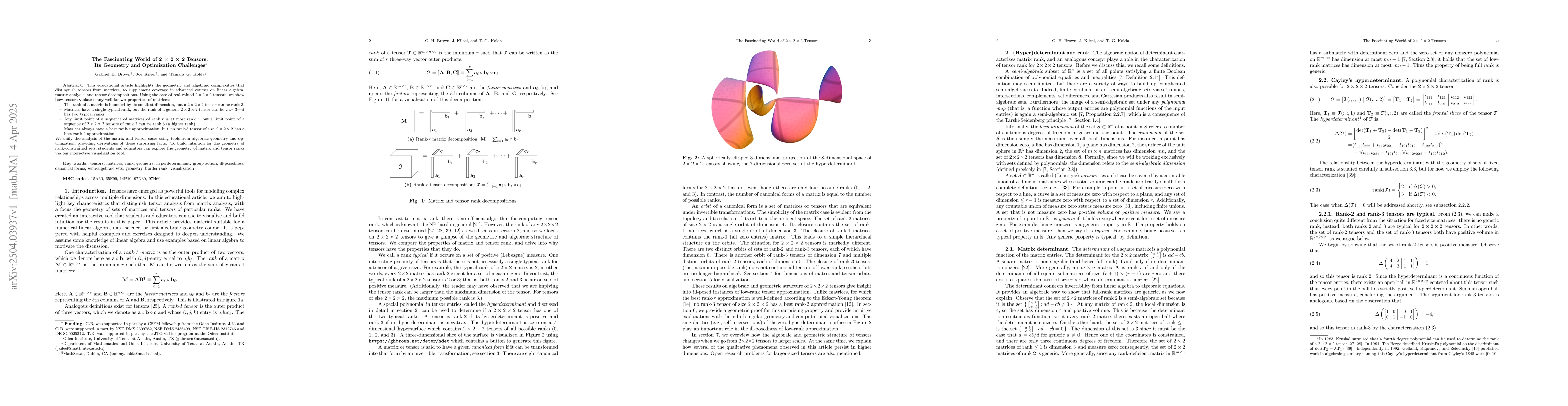 Thumbnail for The Fascinating World of 2 $\times$ 2 $\times$ 2 Tensors: Its Geometry
  and Optimization Challenges
