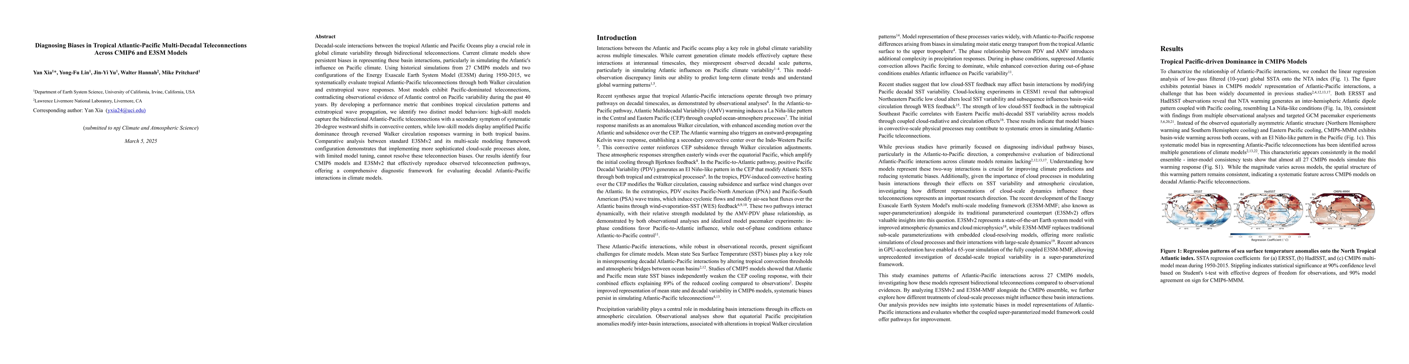 Thumbnail for Diagnosing Biases in Tropical Atlantic-Pacific Multi-Decadal
  Teleconnections Across CMIP6 and E3SM Models