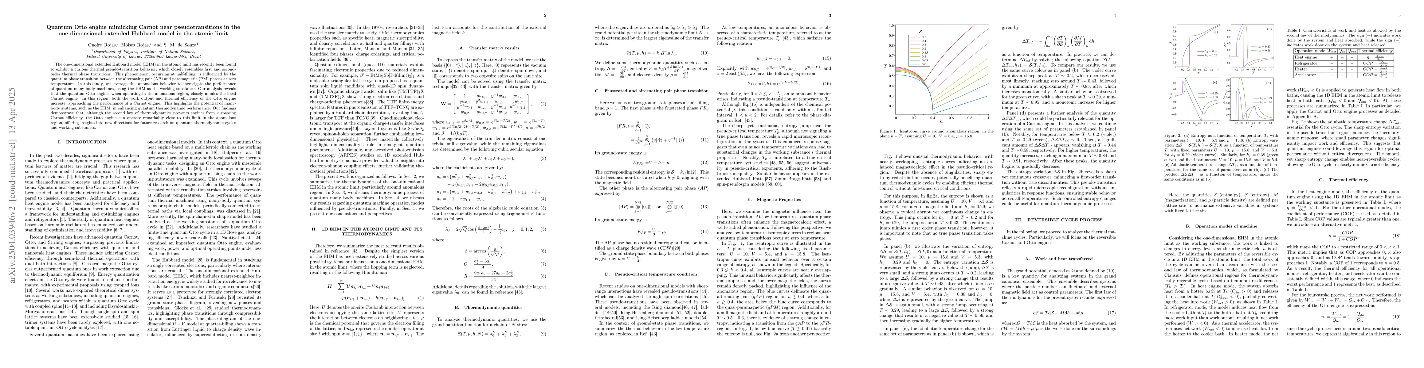 Thumbnail for Quantum Otto engine mimicking Carnot near pseudotransitions in the
  one-dimensional extended Hubbard model in the atomic limit