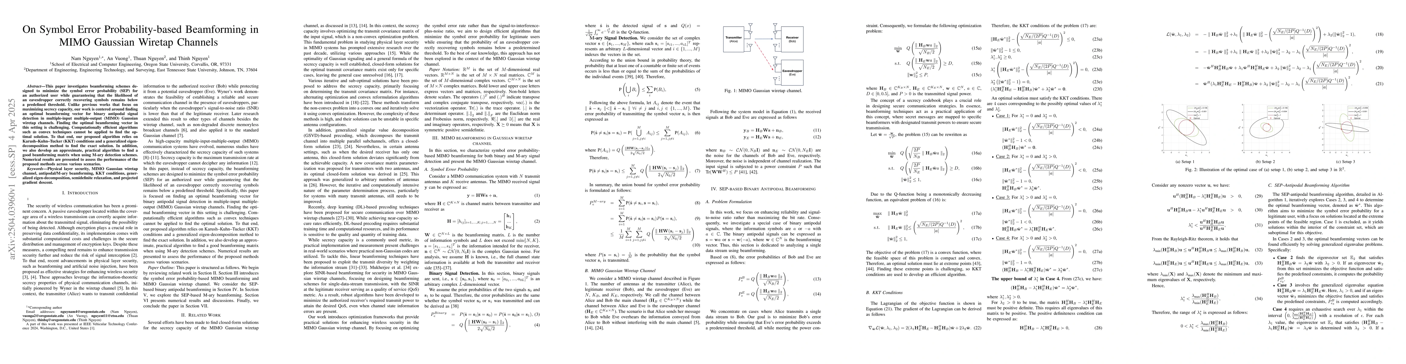 Thumbnail for On Symbol Error Probability-based Beamforming in MIMO Gaussian Wiretap
  Channels