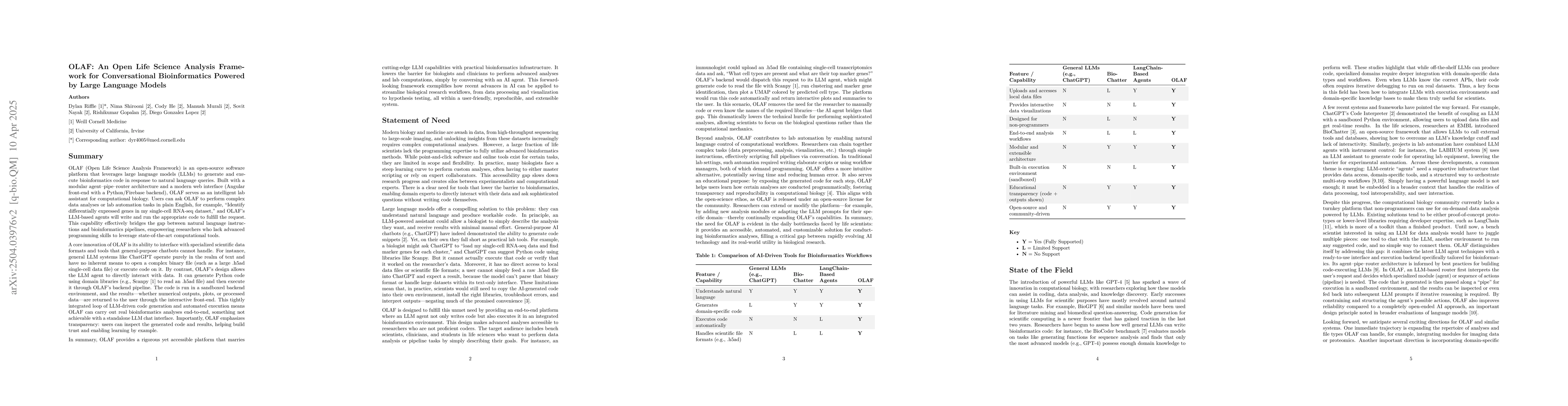 Thumbnail for OLAF: An Open Life Science Analysis Framework for Conversational
  Bioinformatics Powered by Large Language Models