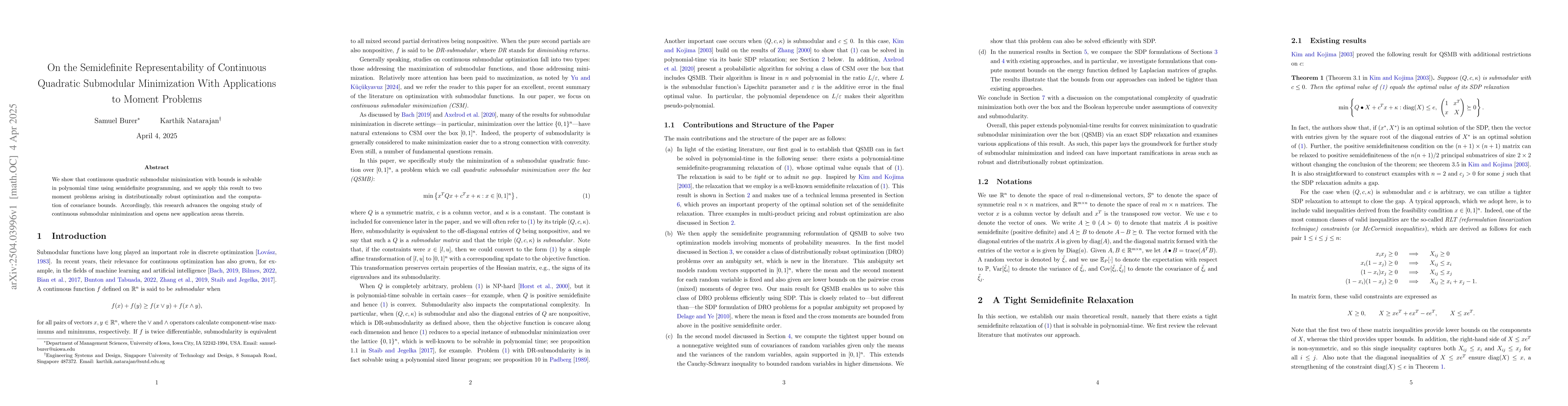 Thumbnail for On the Semidefinite Representability of Continuous Quadratic Submodular
  Minimization With Applications to Moment Problems