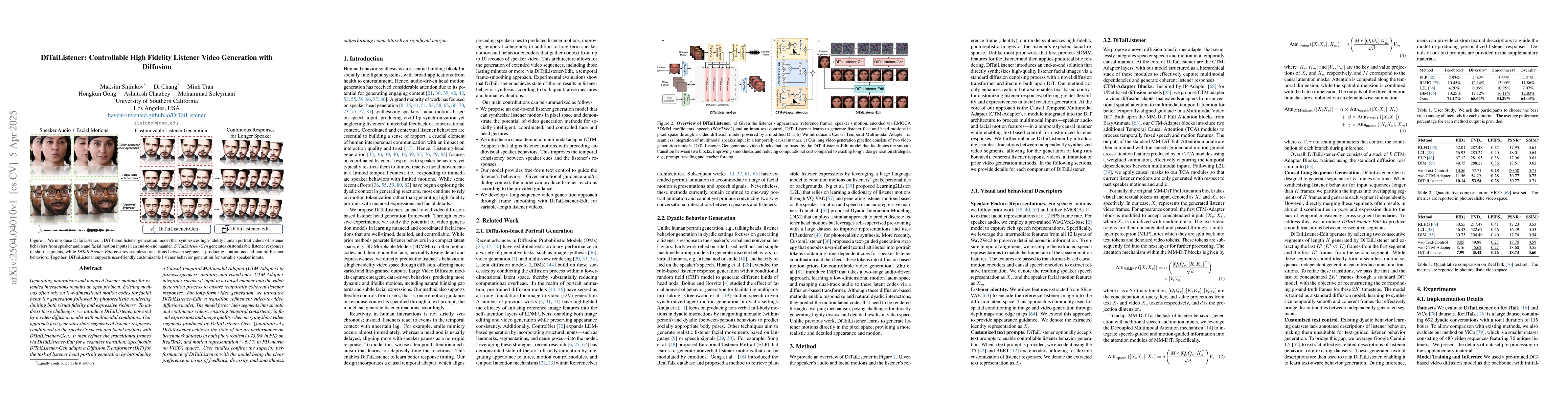 Thumbnail for DiTaiListener: Controllable High Fidelity Listener Video Generation with
  Diffusion