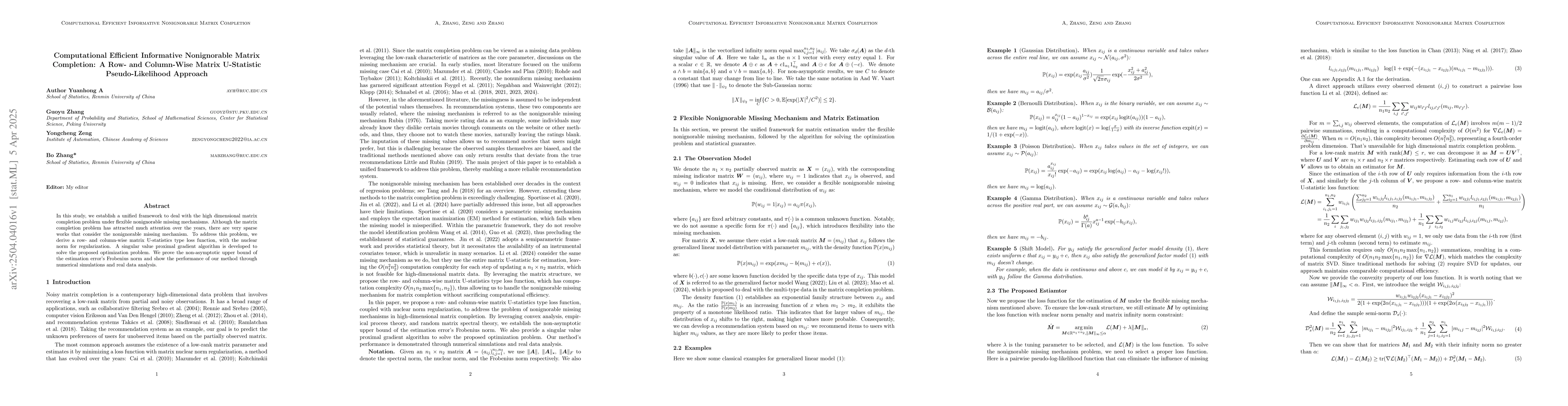 Thumbnail for Computational Efficient Informative Nonignorable Matrix Completion: A
  Row- and Column-Wise Matrix U-Statistic Pseudo-Likelihood Approach