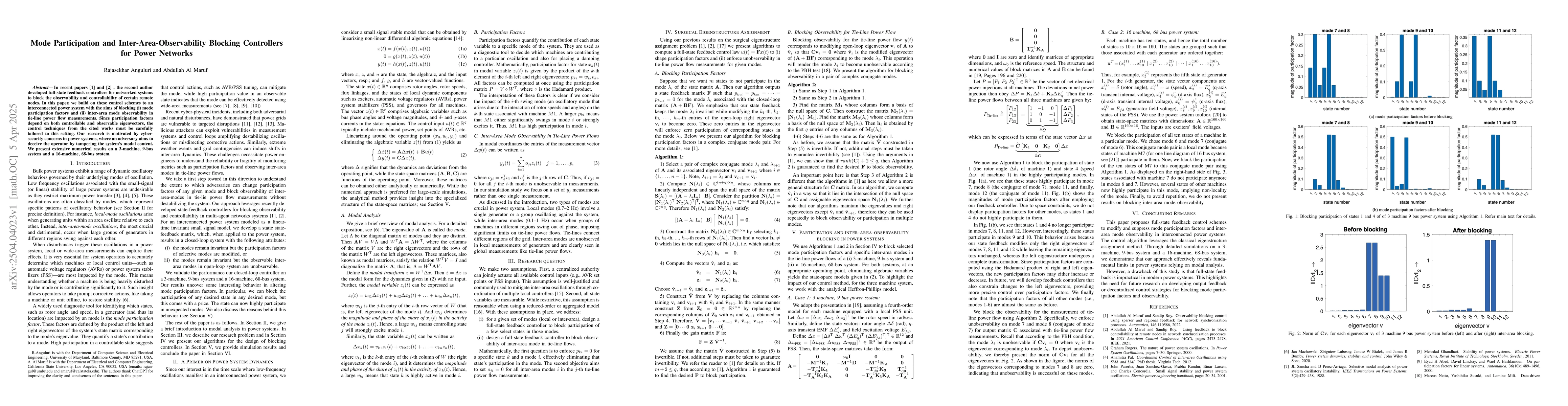 Thumbnail for Mode Participation and Inter-Area-Observability Blocking Controllers for
  Power Networks