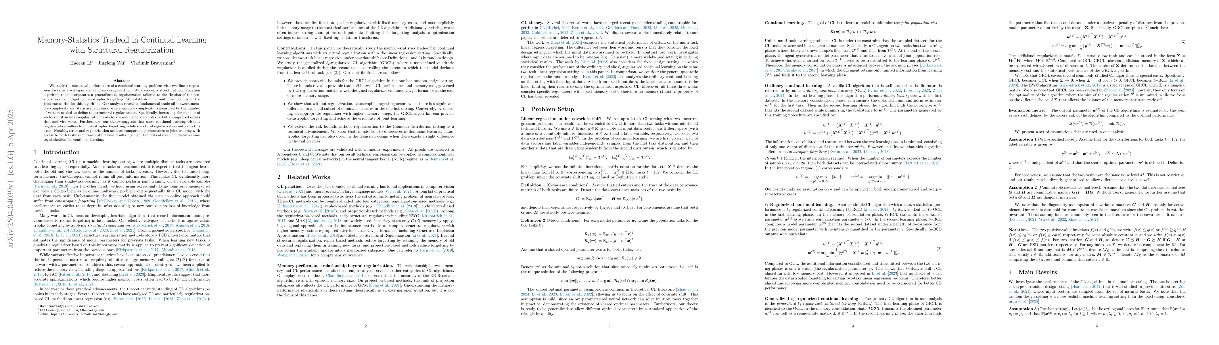 Thumbnail for Memory-Statistics Tradeoff in Continual Learning with Structural
  Regularization