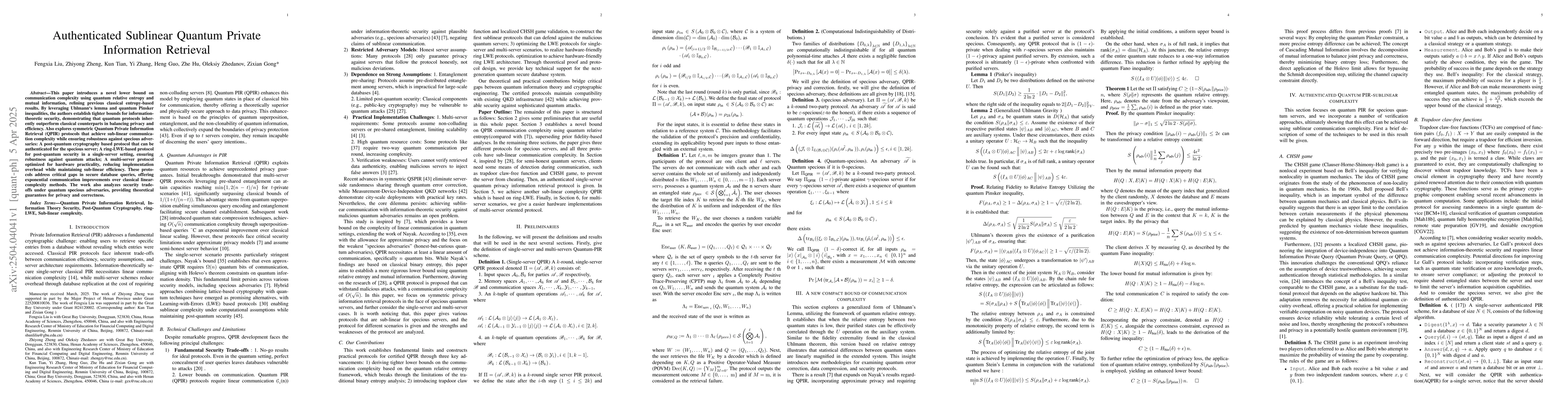 Thumbnail for Authenticated Sublinear Quantum Private Information Retrieval