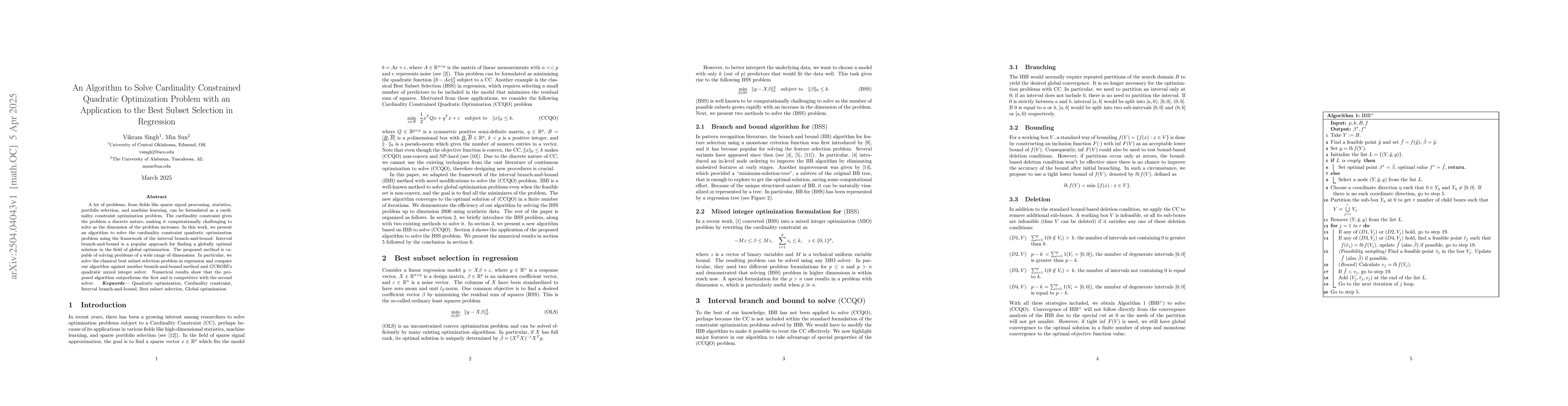 Thumbnail for An Algorithm to Solve Cardinality Constrained Quadratic Optimization
  Problem with an Application to the Best Subset Selection in Regression