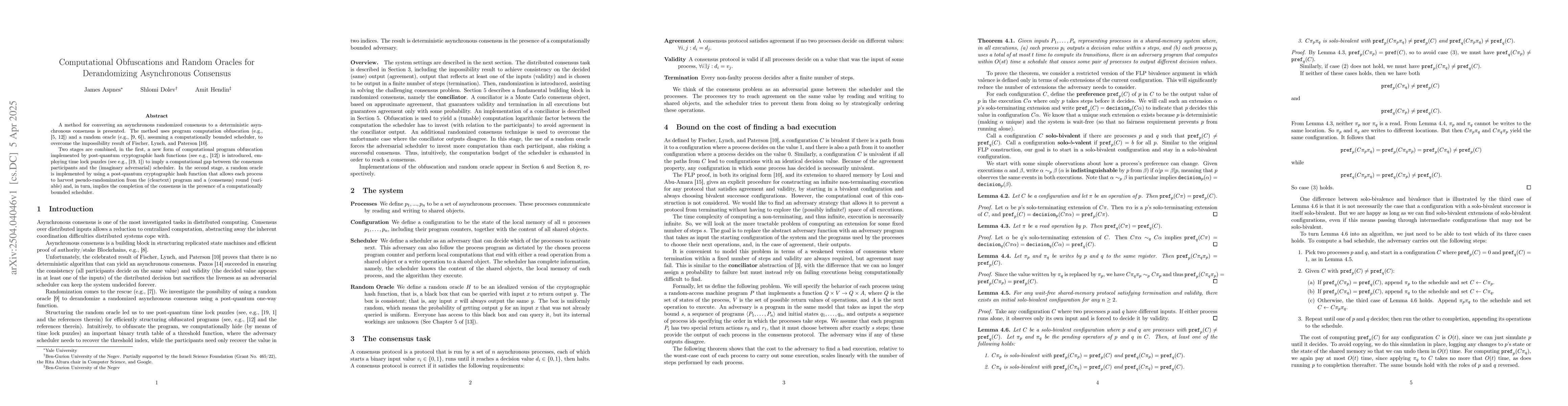 Thumbnail for Computational Obfuscations and Random Oracles for Derandomizing
  Asynchronous Consensus