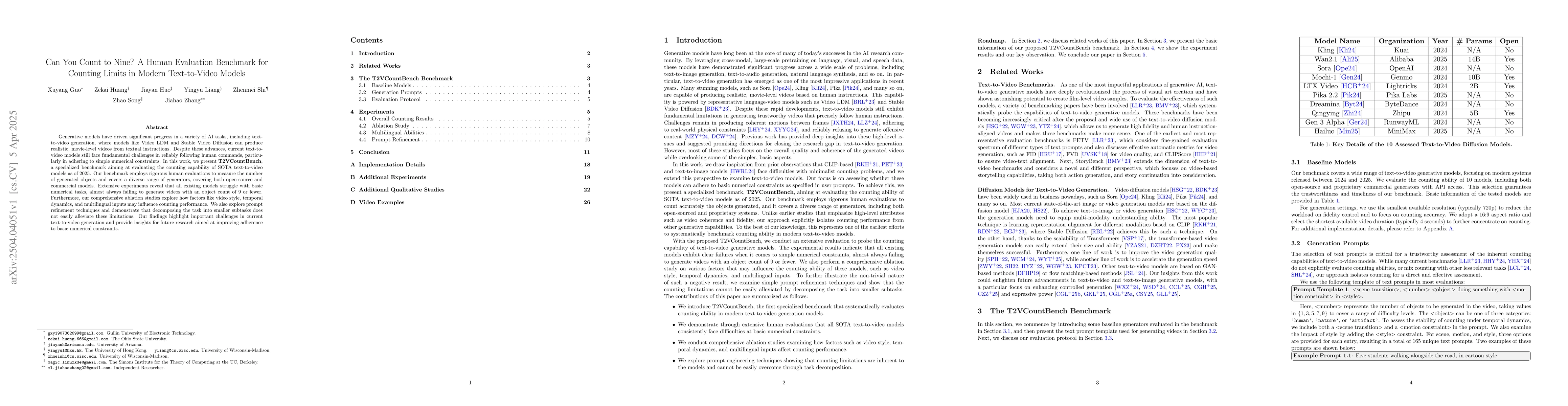 Thumbnail for Can You Count to Nine? A Human Evaluation Benchmark for Counting Limits
  in Modern Text-to-Video Models