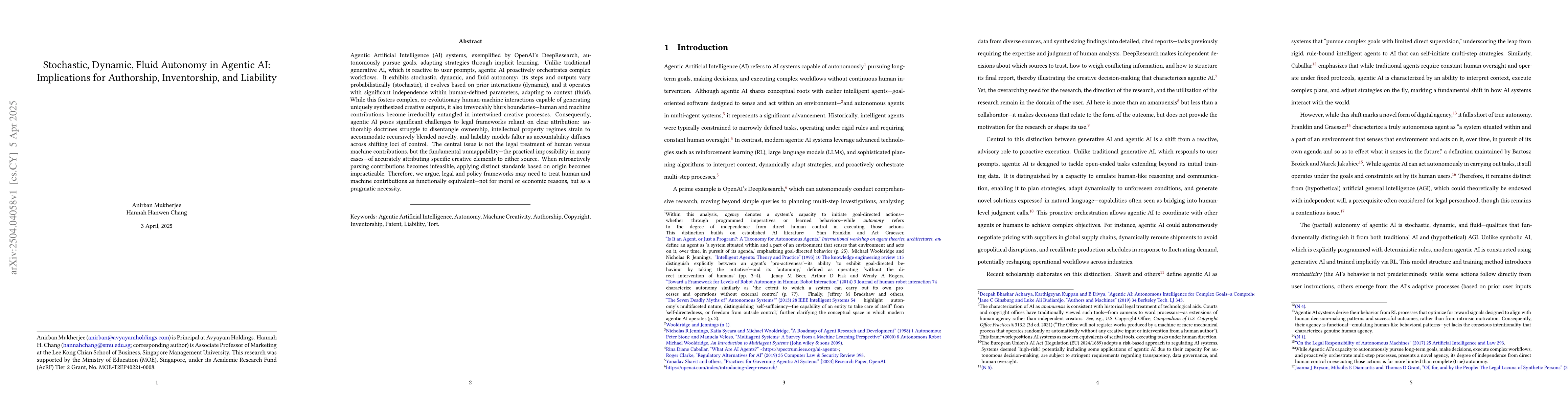 Thumbnail for Stochastic, Dynamic, Fluid Autonomy in Agentic AI: Implications for
  Authorship, Inventorship, and Liability