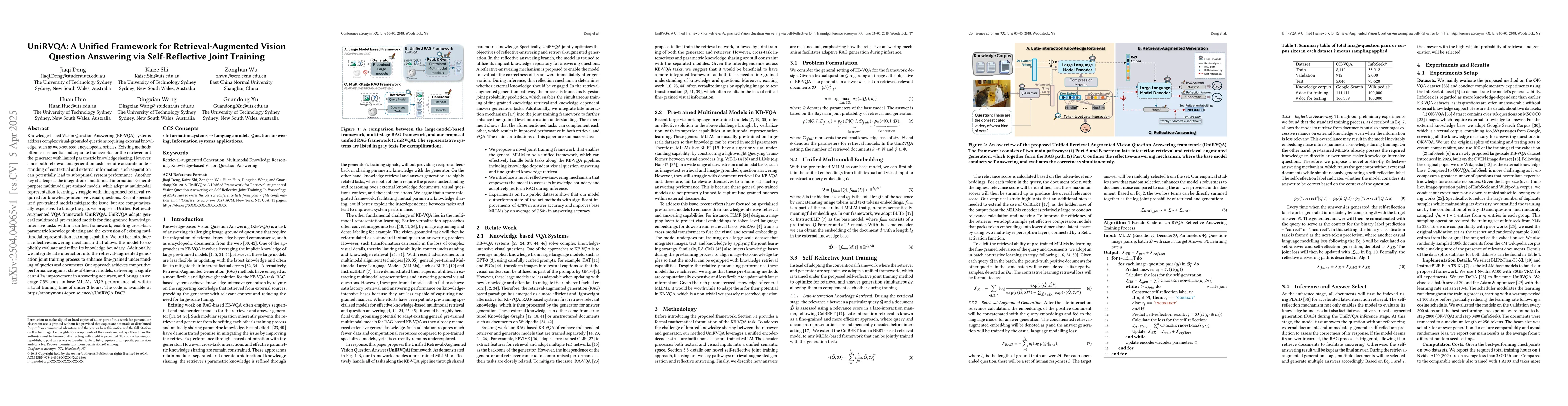 Thumbnail for UniRVQA: A Unified Framework for Retrieval-Augmented Vision Question
  Answering via Self-Reflective Joint Training