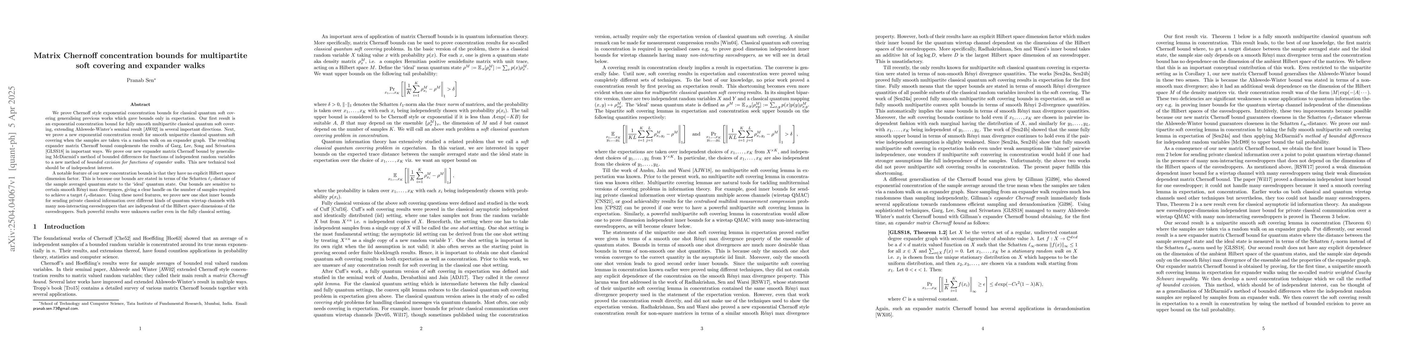 Thumbnail for Matrix Chernoff concentration bounds for multipartite soft covering and
  expander walks