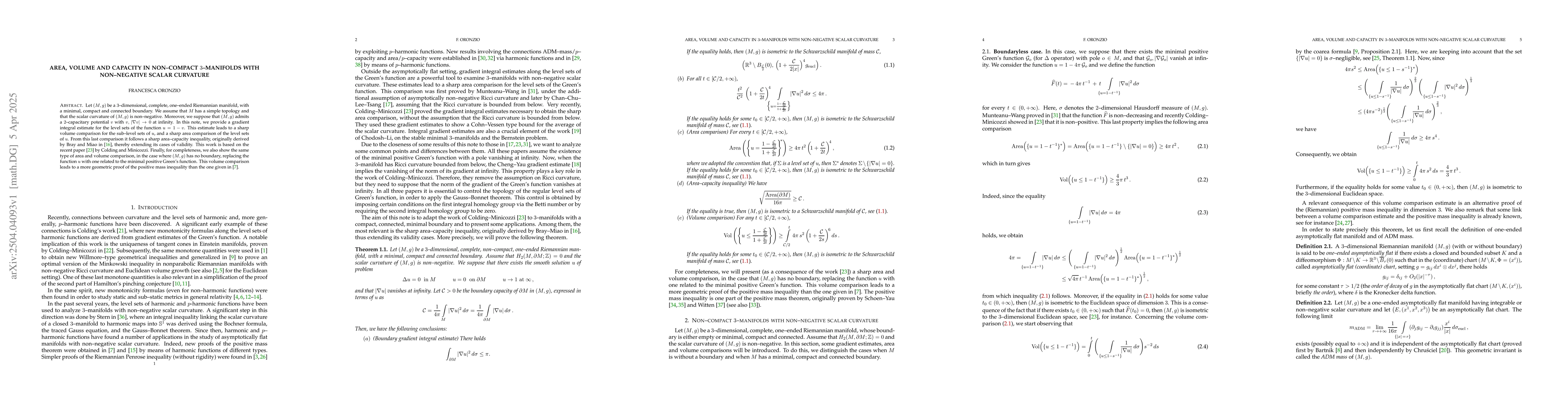 Thumbnail for Area, Volume and Capacity in non--compact $3$--manifolds with
  non--negative scalar curvature