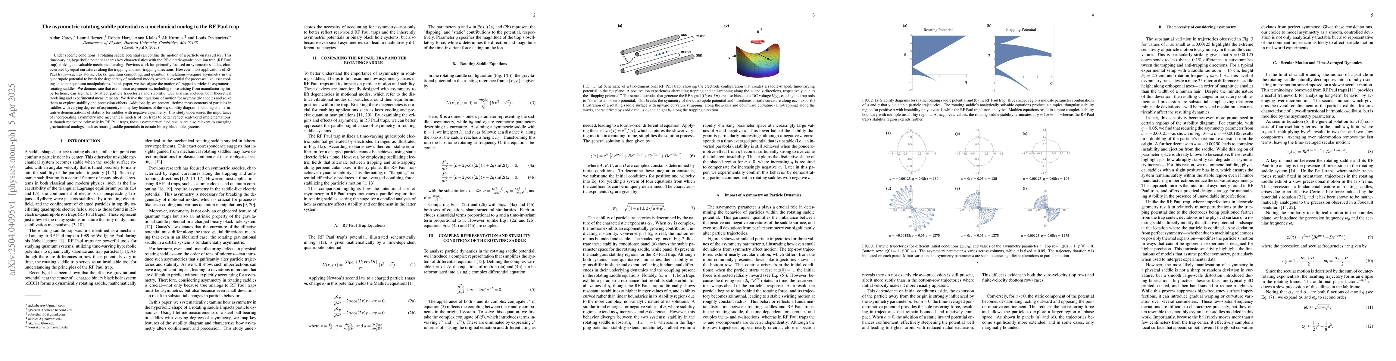 Thumbnail for The asymmetric rotating saddle potential as a mechanical analog to the
  RF Paul trap