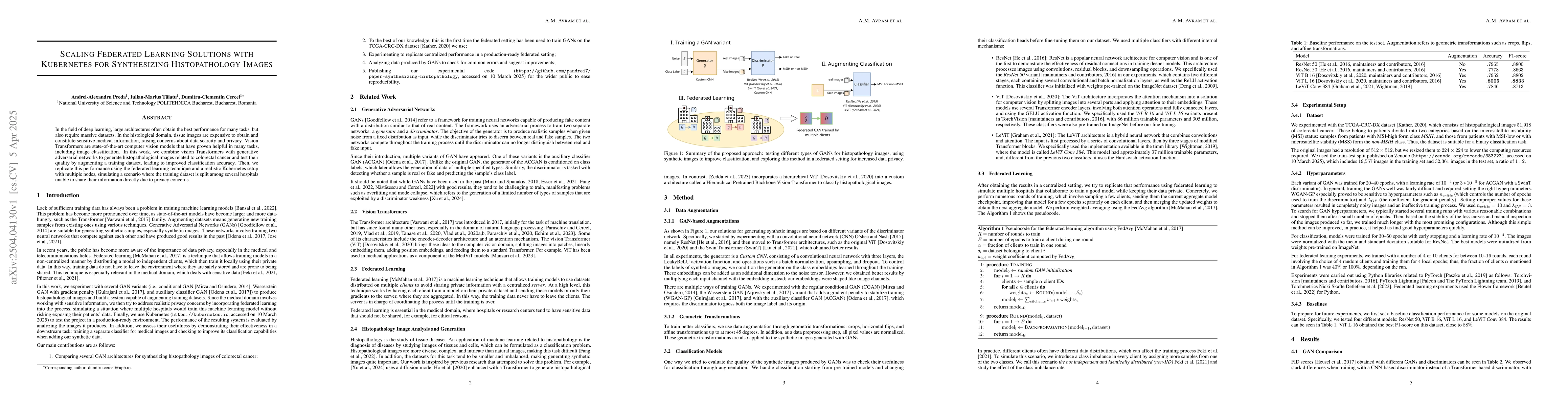Thumbnail for Scaling Federated Learning Solutions with Kubernetes for Synthesizing
  Histopathology Images