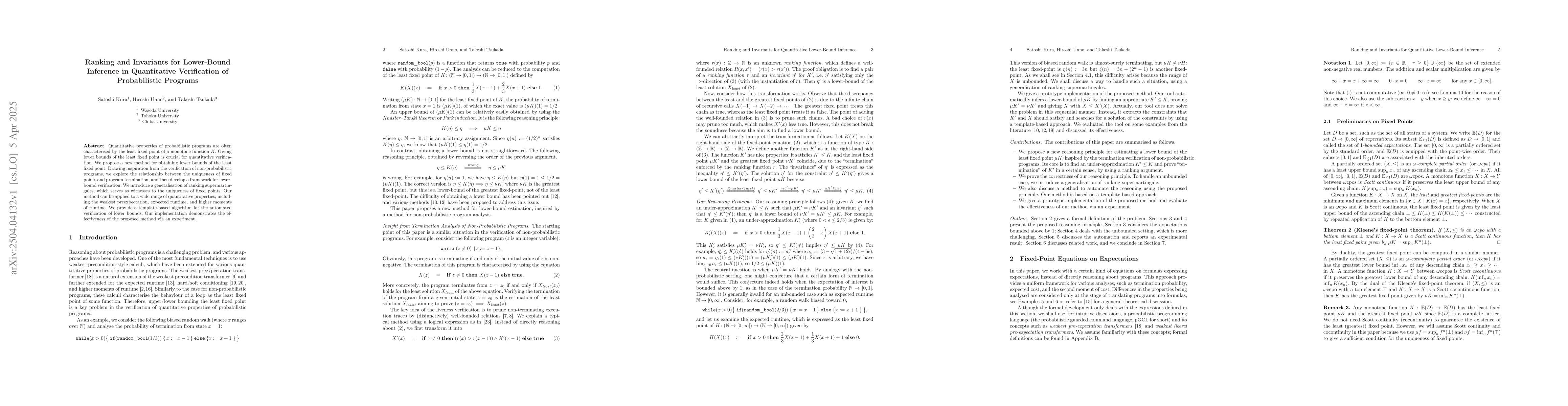 Thumbnail for Ranking and Invariants for Lower-Bound Inference in Quantitative
  Verification of Probabilistic Programs