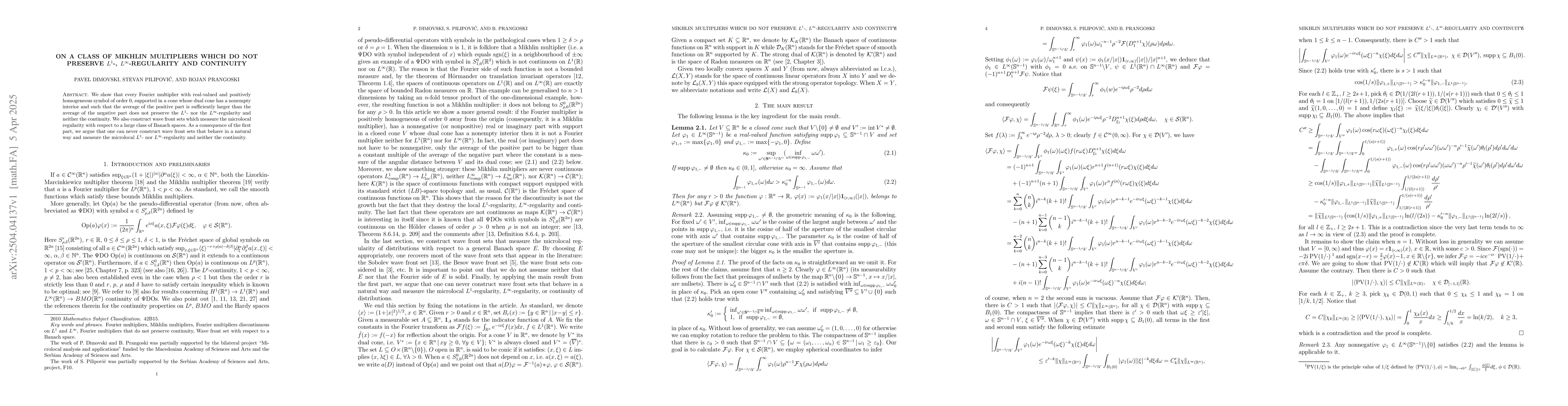 Thumbnail for On a class of Mikhlin multipliers which do not preserve $L^1$-,
  $L^\infty$-regularity and continuity