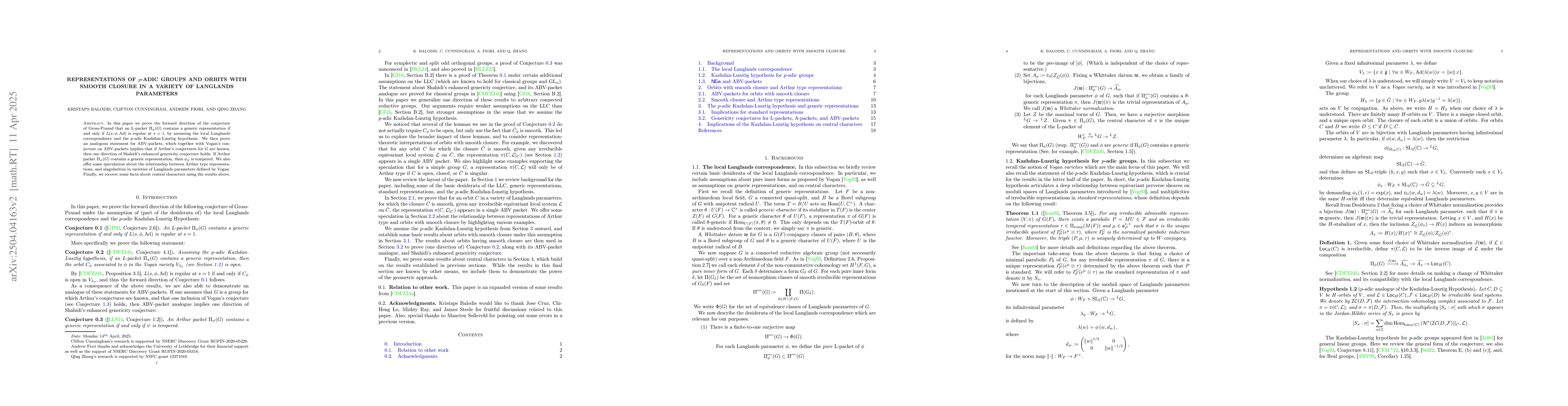Thumbnail for Representations of $p$-adic groups and orbits with smooth closure in a
  variety of Langlands parameters