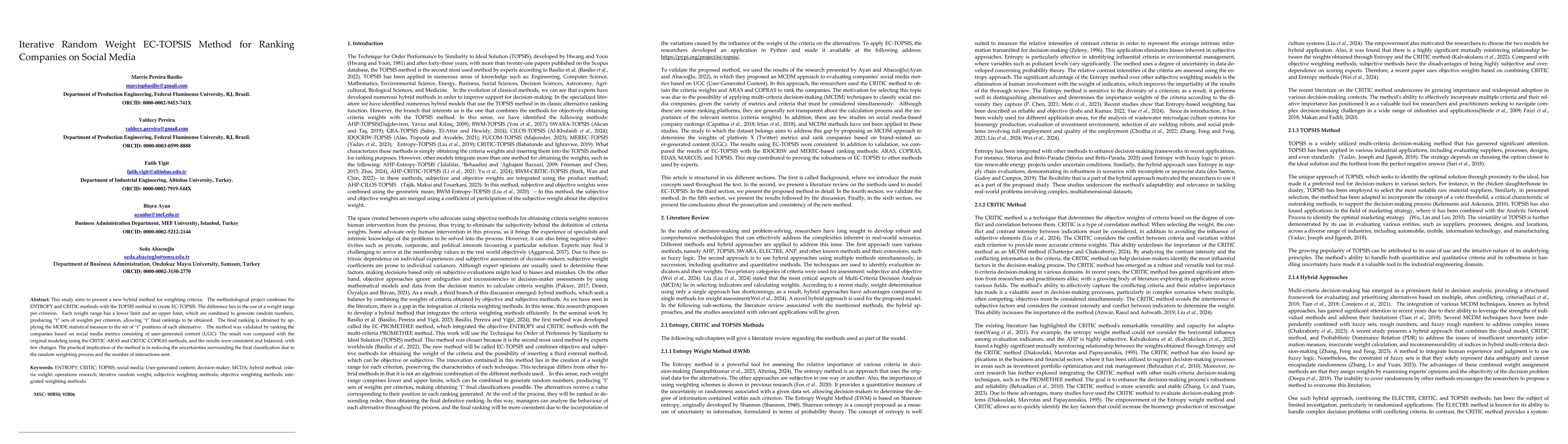 Thumbnail for Iterative Random Weight EC-TOPSIS Method for Ranking Companies on Social
  Media