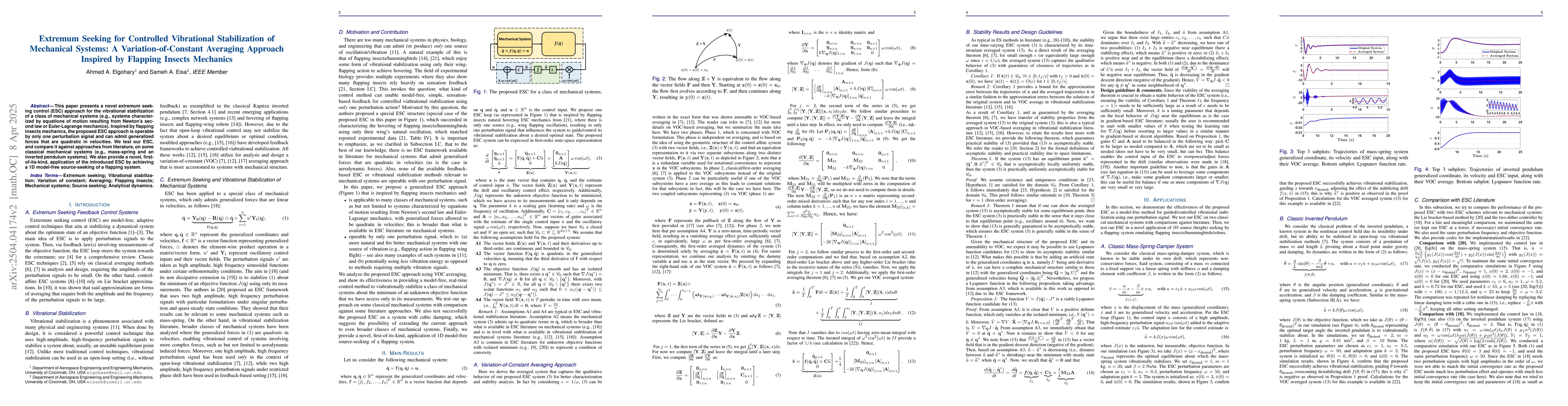 Thumbnail for Extremum Seeking for Controlled Vibrational Stabilization of Mechanical
  Systems: A Variation-of-Constant Averaging Approach Inspired by Flapping
  Insects Mechanics