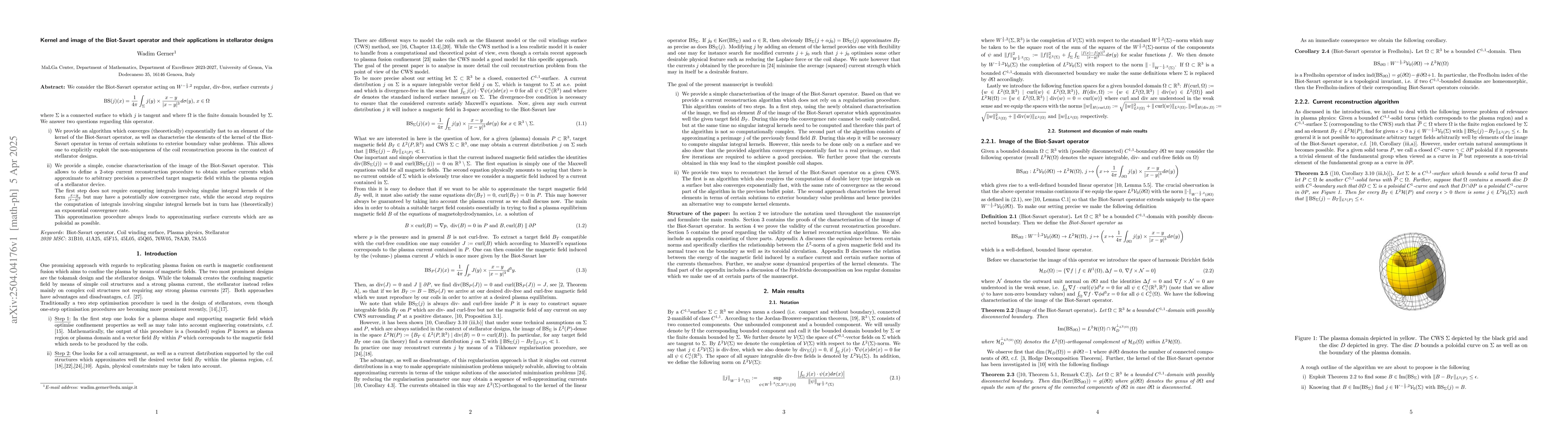 Thumbnail for Kernel and image of the Biot-Savart operator and their applications in
  stellarator designs
