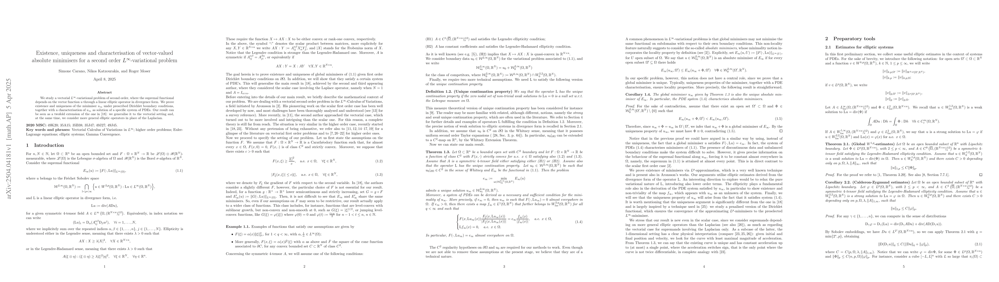 Thumbnail for Existence, uniqueness and characterisation of vector-valued absolute
  minimisers for a second order $L^\infty$-variational problem