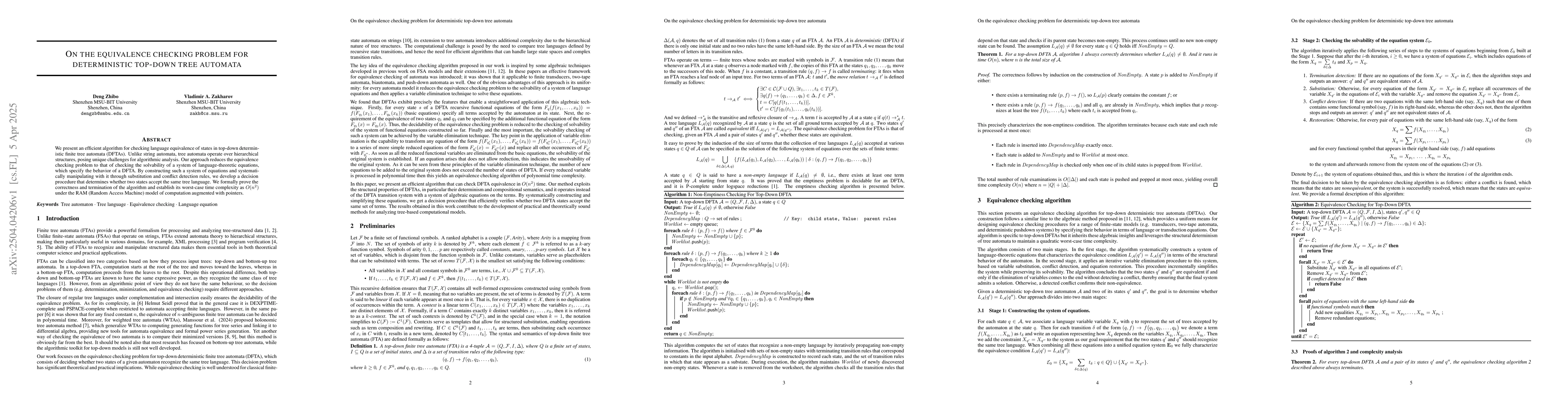 Thumbnail for On the Equivalence Checking Problem for Deterministic Top-Down Tree
  Automata