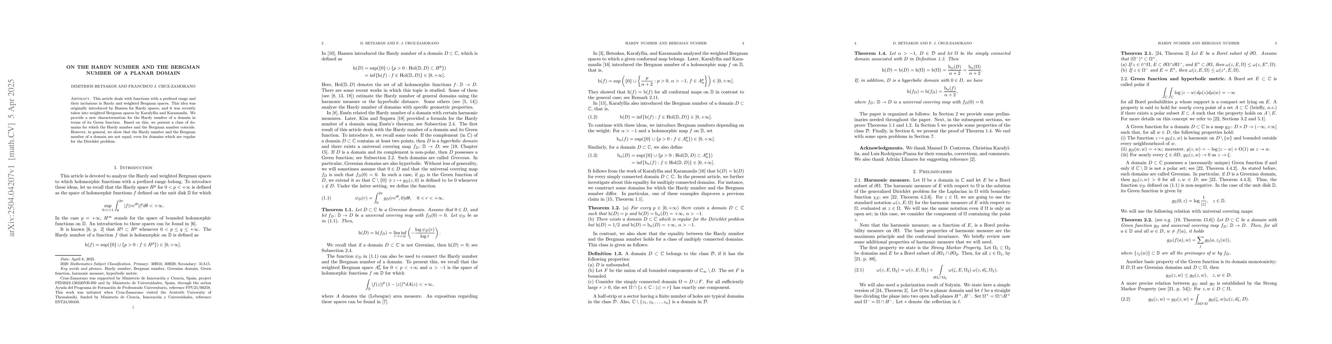 Thumbnail for On the Hardy number and the Bergman number of a planar domain