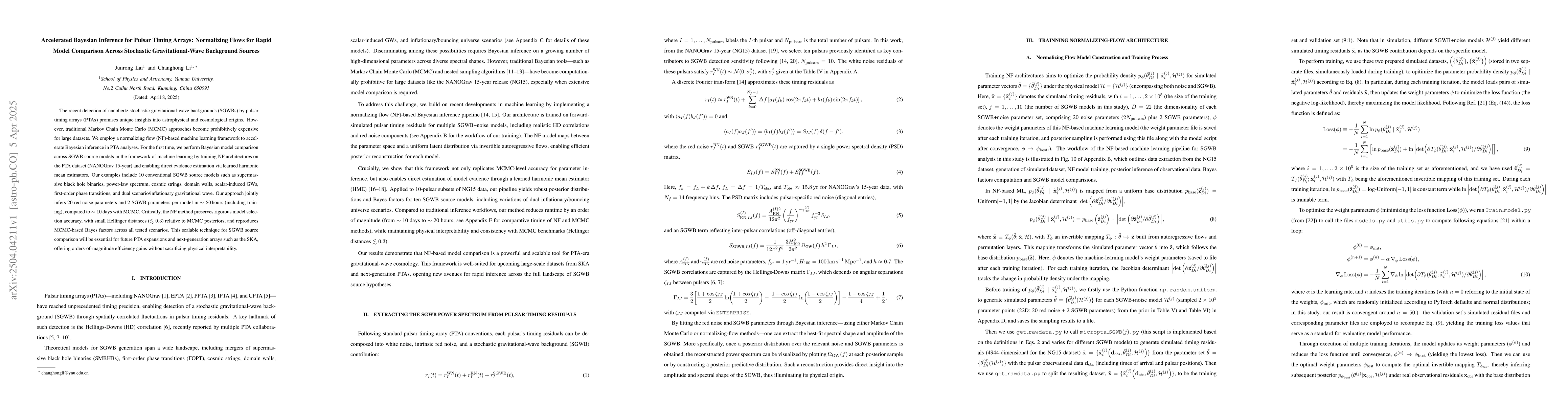 Thumbnail for Accelerated Bayesian Inference for Pulsar Timing Arrays: Normalizing
  Flows for Rapid Model Comparison Across Stochastic Gravitational-Wave
  Background Sources