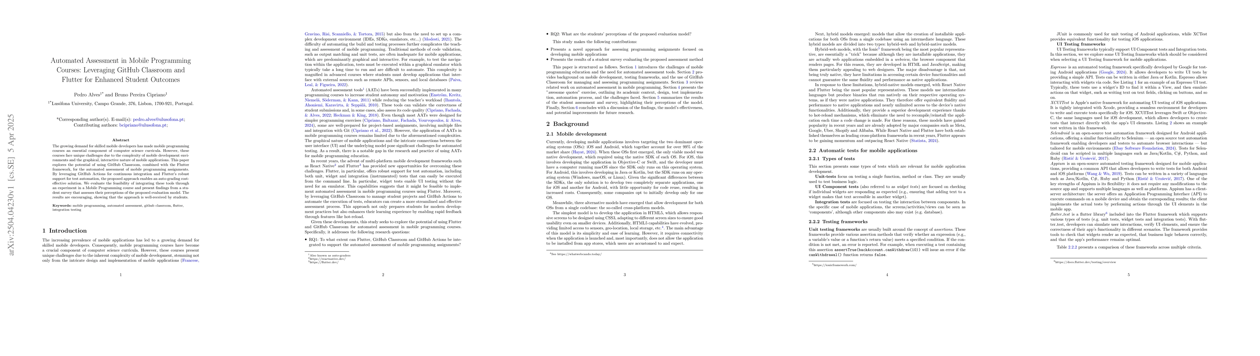 Thumbnail for Automated Assessment in Mobile Programming Courses: Leveraging GitHub
  Classroom and Flutter for Enhanced Student Outcomes